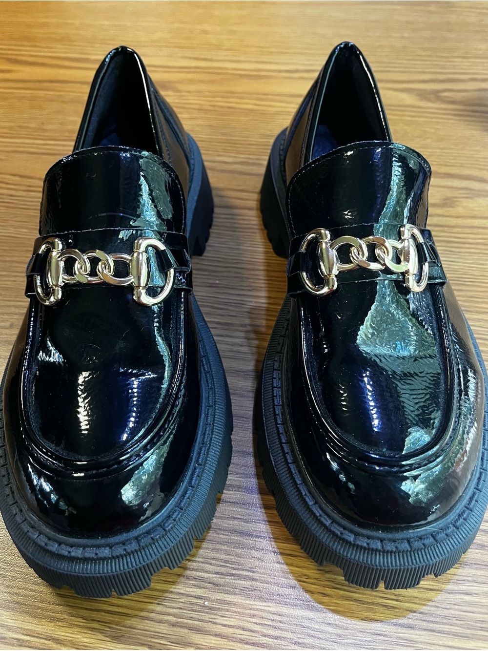 Black Patent Loafers with Gold Chain Detail and Lug Soles Size 11